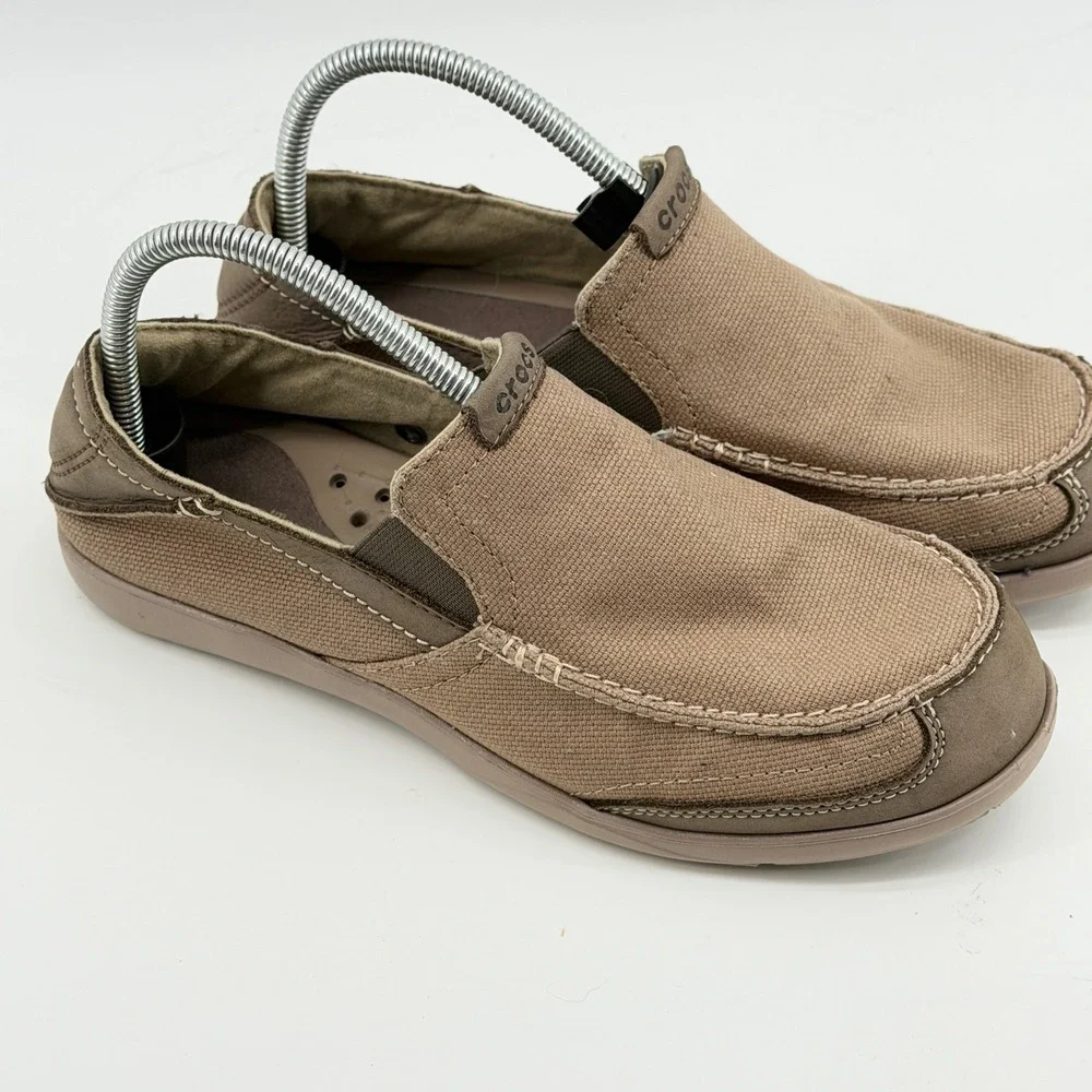 Crocs Santa Cruz Canvas Loafers Mens 8 Khaki Brown Slip On Shoes 201161
